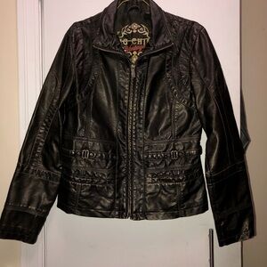 Womens Bronze/Black faux leather jacket.